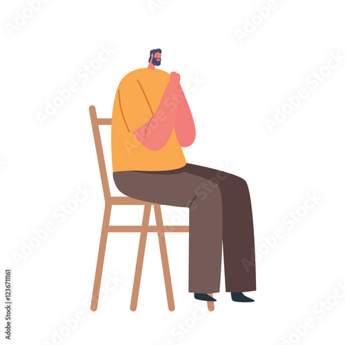 Male Character Sitting on Chair, Eyes Closed, Hands Clasped, Deep In Prayer. Man Seeking Solace, Guidance, Faith