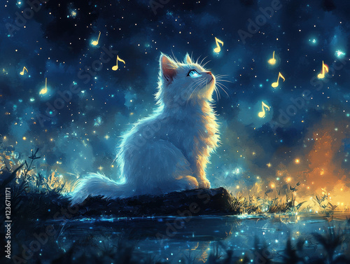 A magical fantasy scene featuring a white cat with glowing eyes playing 