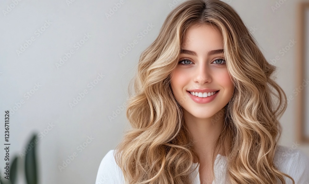 Smiling blonde woman, wavy hair, indoors, bright background, beauty ad Smiling blonde woman, wavy hair, indoors, bright background, beauty ad