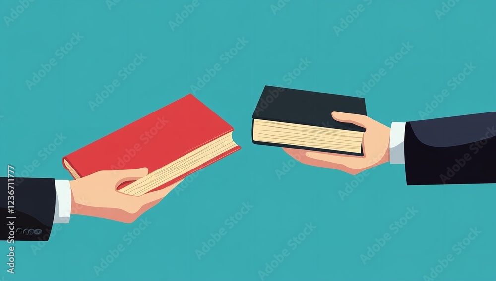 Two business hands in suits handing over books, vector illustration with space for text Two business hands in suits handing over books, vector illustration with space for text