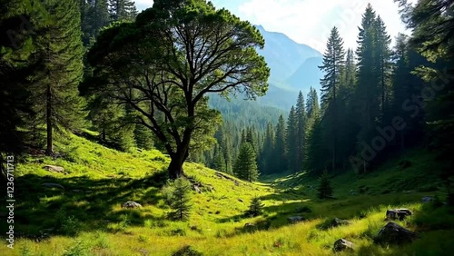 Serene Mountain Valley Landscape with Majestic Tree