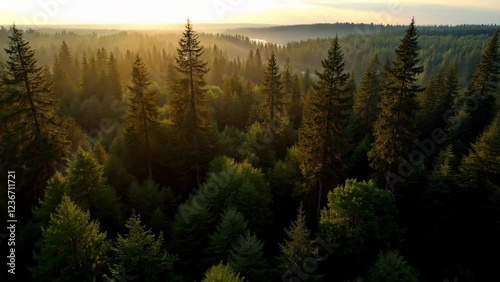 Golden Hour in a Verdant Coniferous Forest