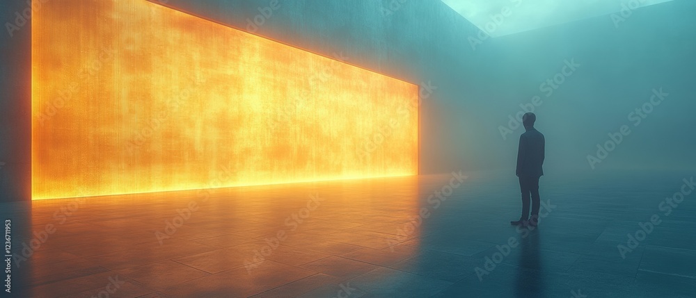 Fiery modern gallery a figure contemplates abstract emotions Fiery modern gallery a figure contemplates abstract emotions