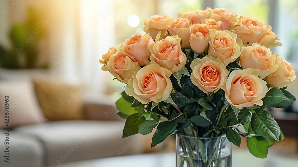 Obraz premium Peach roses in glass vase on table.