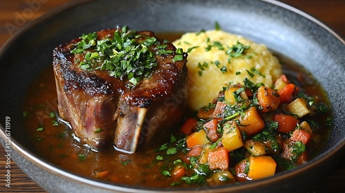 Osso Buco is a classic Italian dish featuring slow-braised veal shanks cooked with white wine, broth, tomatoes, onions, carrots, and celery. The marrow-filled bone at its center adds richness, while a photo