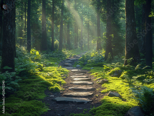 A serene forest path with sunbeams filtering through tree canopies