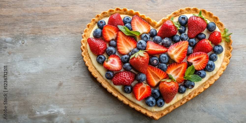 Heart-Shaped Fruit Tart with Fresh Berries and Mint Leaves Heart-Shaped Fruit Tart with Fresh Berries and Mint Leaves