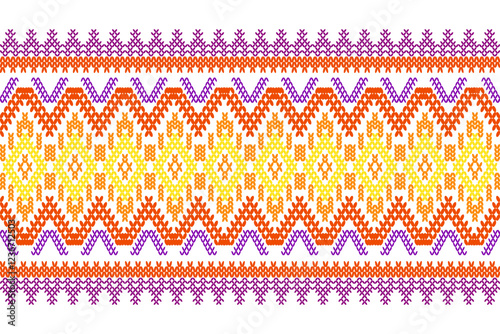 Ikat cross stitch geometric embroidery seamless knitted pattern on damask background. Perfect decorative design for sweater, fabric, decoration, illustration, ornament, texture, textile, interior