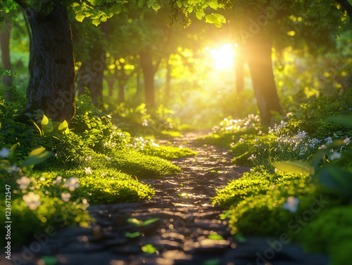 A serene forest path with sunbeams filtering through tree canopies