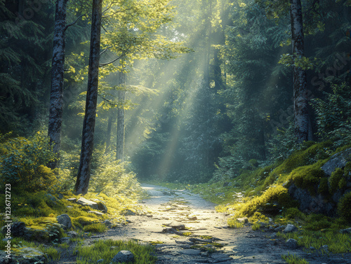 A serene forest path with sunbeams filtering through tree canopies