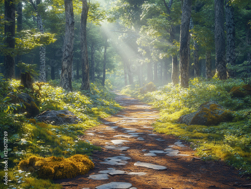 A serene forest path with sunbeams filtering through tree canopies