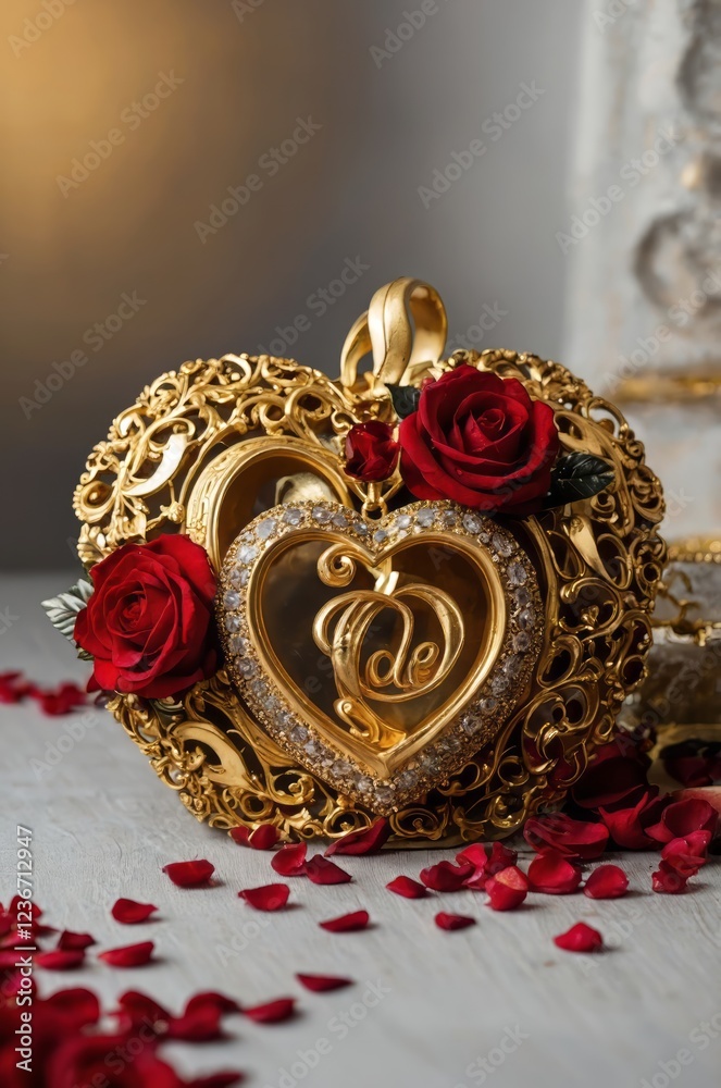 Obraz premium A luxurious gold heart-shaped jewelry piece paired with a vibrant red rose, symbolizing love, elegance, and passion. A perfect blend of romance and luxury.
