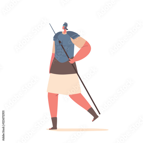 Powerful And Disciplined, The Roman Soldier Character Clad In Armor, Gripping His Spear Firmly. Symbol Of Military Might