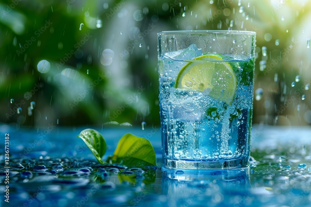 Glass of refreshing sparkling water with lime slice and ice cubes under summer rain Glass of refreshing sparkling water with lime slice and ice cubes under summer rain