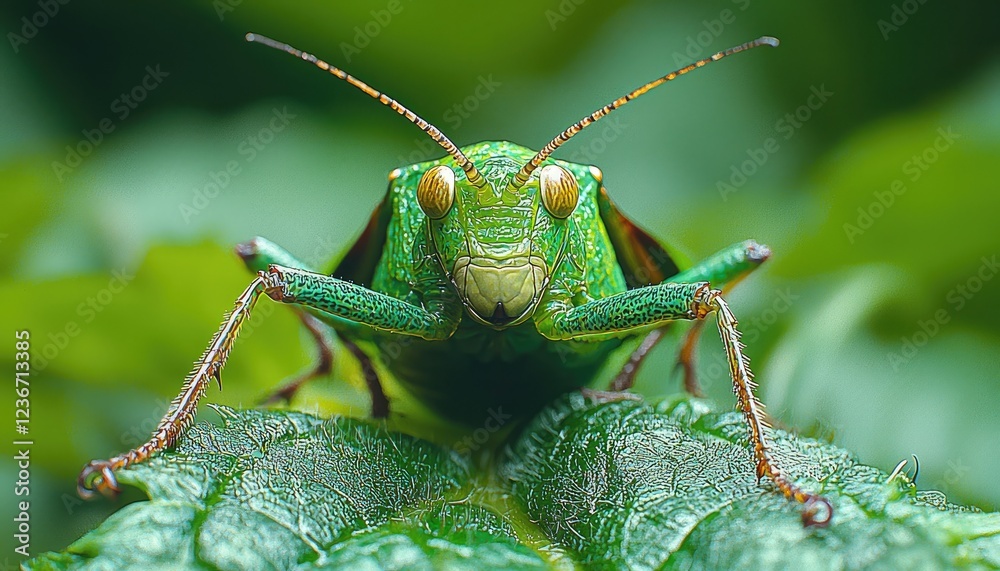 Vibrant Green Grasshopper Perched on Leaf Vibrant Green Grasshopper Perched on Leaf