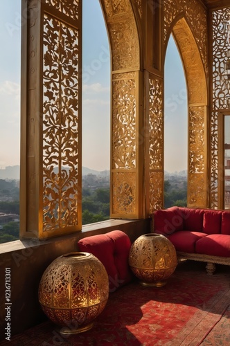 A majestic Indian heritage royal mahal (palace) or resort, showcasing traditional architecture, opulent designs, and regal ambiance. A perfect blend of history, culture, and luxury.