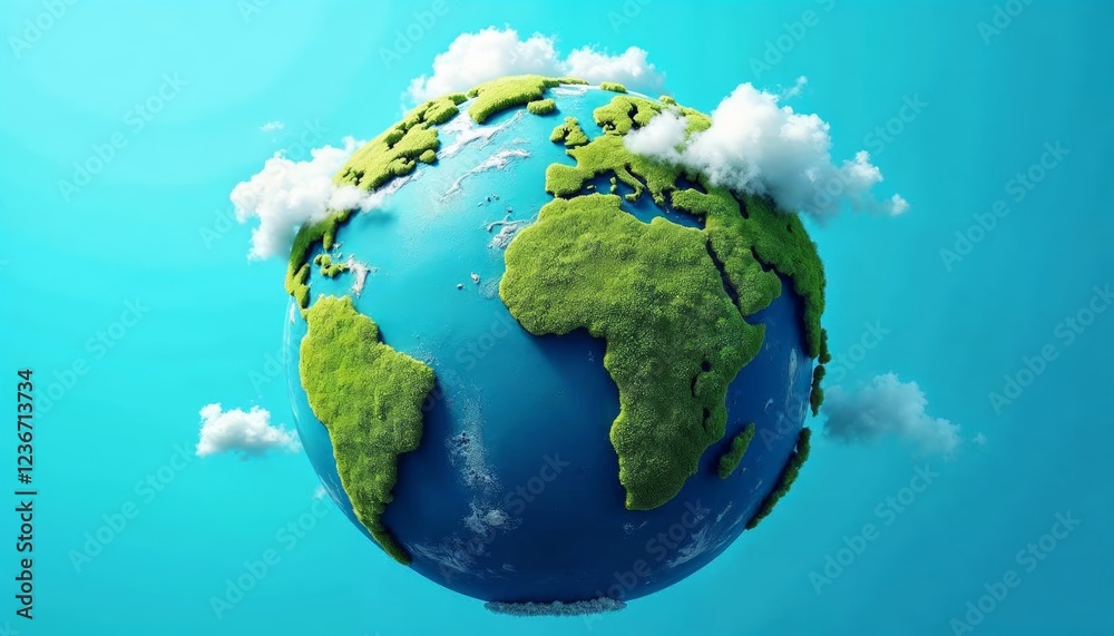 Fototapeta premium Vibrant Green Earth Globe with Fluffy Clouds