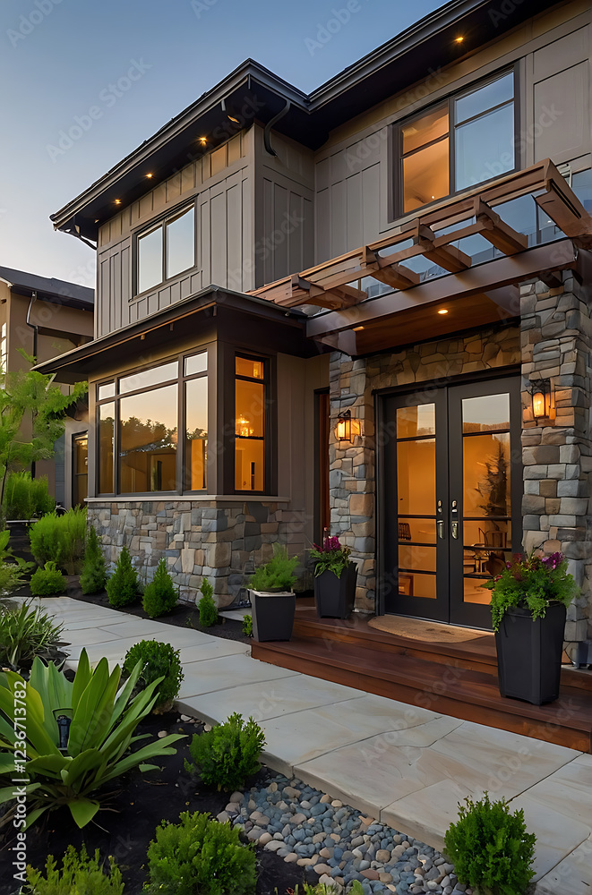 Obraz premium Modern Luxury House Exterior Design: Stone Facade, Contemporary Architecture, and Landscaped Walkway