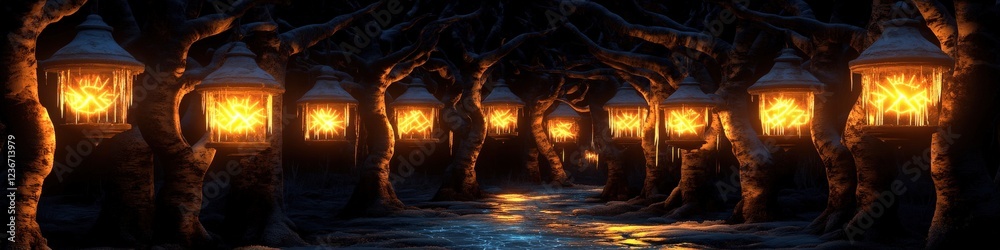 Naklejka premium Enchanting Forest Pathway Illuminated by Warm Glowing Lanterns, Surrounded by Mystical Twisted Trees and Reflective Water Surface Underneath Night Sky