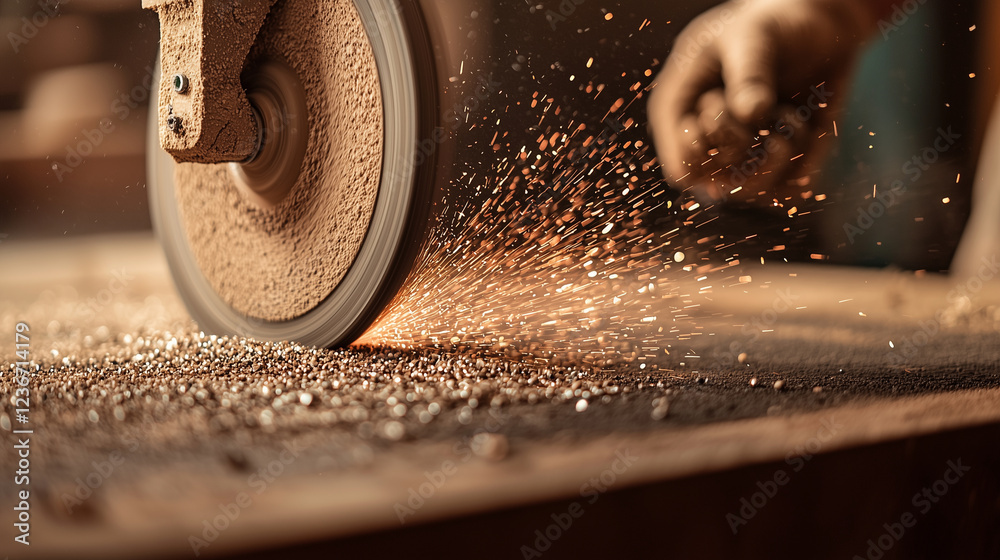 Obraz premium A close-up of an abrasive wheel in motion on a metal surface, sparks flying as it grinds, with a focused, gritty atmosphere and industrial lighting.