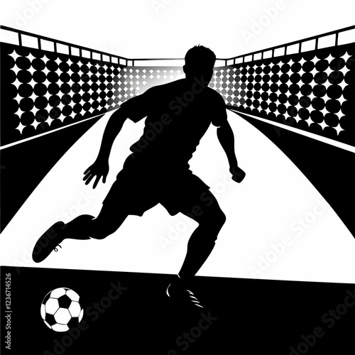 Soccer player dribbling ball on narrow field. Athletic figure in dynamic motion against fence backdrop. Concept of sports training, soccer academy, youth athletics.