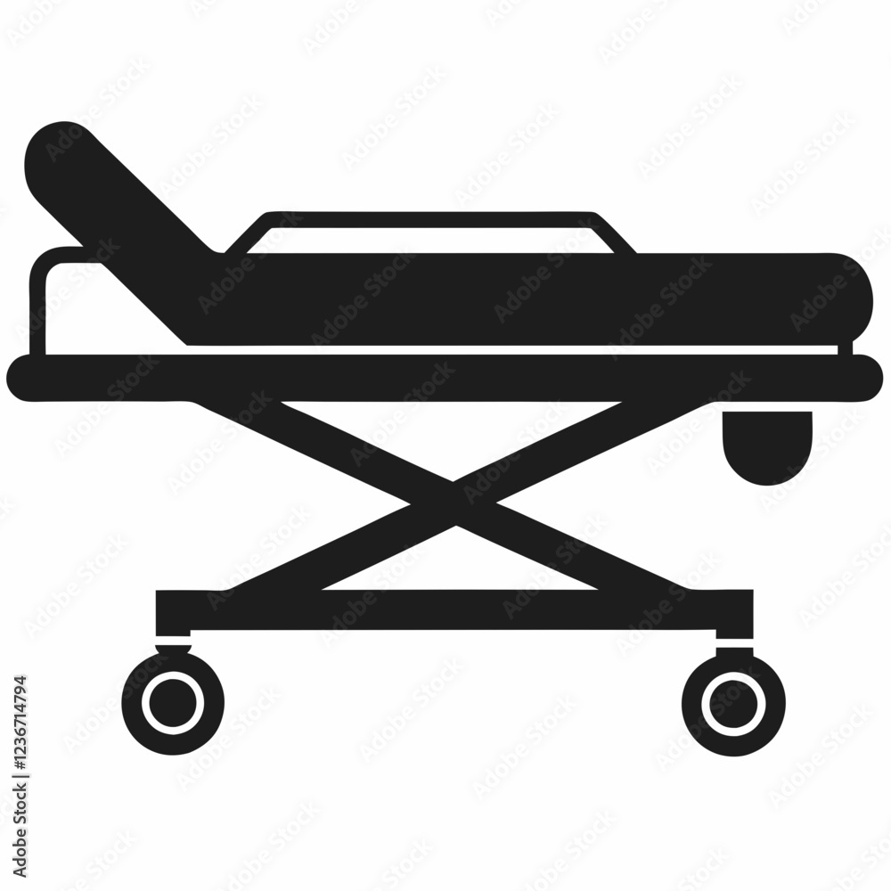Side view of adjustable hospital gurney in minimalist black and white design. Essential medical transport equipment with visible height mechanism. Concept of healthcare facilities, medical transport