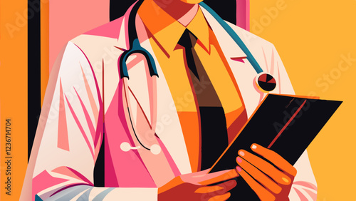 Doctor in white coat holding clipboard , wearing stethoscope. Healthcare professional in contemporary graphic style. Concept of medical practice, healthcare services.