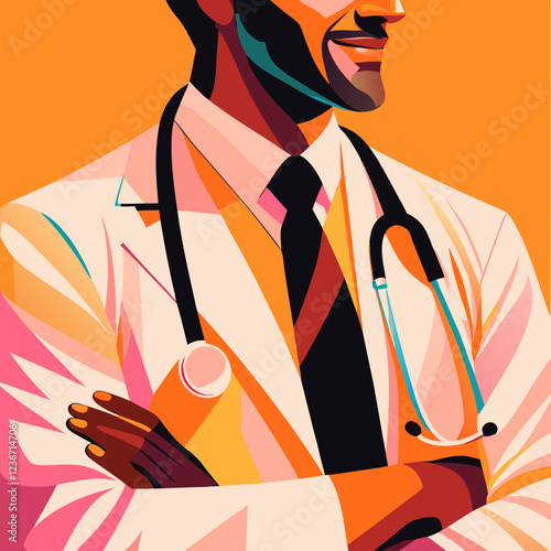Confident Black male doctor smiling directly at camera, arms crossed. Professional wearing white coat and tie. Concept of healthcare, medical expertise, diversity in medicine.