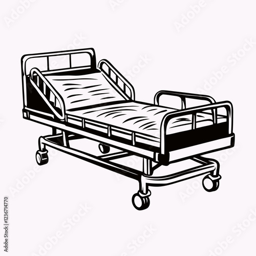 Vintage-style hospital bed illustration with wheels. Medical furniture in retro black and white design. Concept of healthcare facilities, hospital equipment, medical care