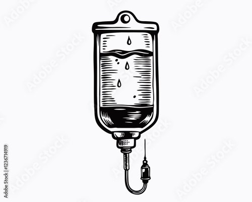 Detailed black and white illustration of IV fluid bag with tube, isolated on white. Concepts: hospital care, hydration therapy, emergency aid, intravenous drip, patient support, healthcare device.