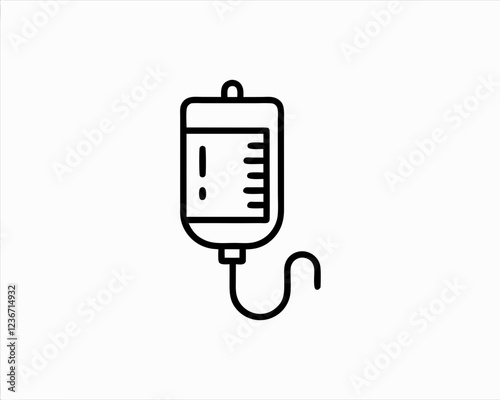 Minimal line art icon of IV drip bag with tube, isolated on white background. Concepts: clinical therapy, intravenous treatment, healthcare symbol, emergency fluid, medical line style.