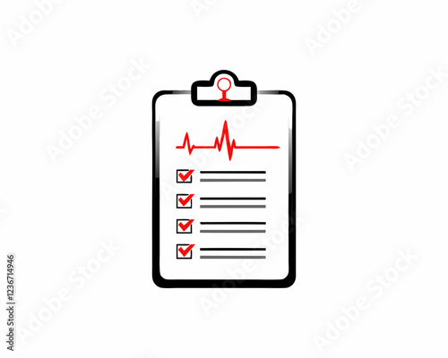 Medical clipboard with red heartbeat line and checkmarks against white backdrop. Essential health monitoring visualization. Concept of cardiology, medical diagnostics, heart health monitoring.