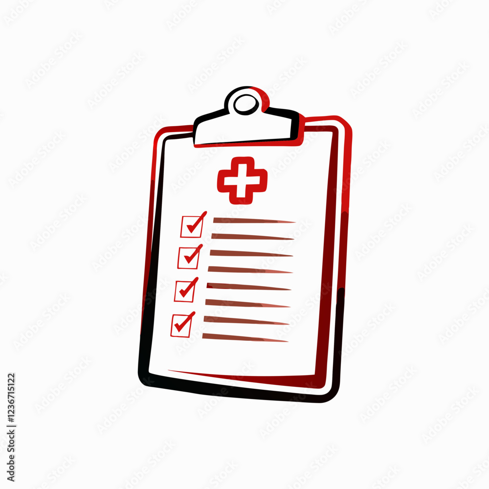Medical clipboard with checklist and plus symbol in red and black. Healthcare documentation tool. Concept of medical records, patient care, healthcare administration. Medical clipboard with checklist and plus symbol in red and black. Healthcare documentation tool. Concept of medical records, patient care, healthcare administration.