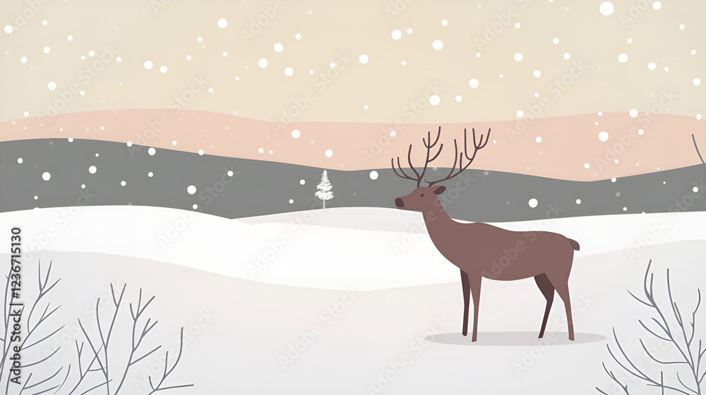 Stylized illustration of a deer in a snowy landscape with soft pastel colors Stylized illustration of a deer in a snowy landscape with soft pastel colors