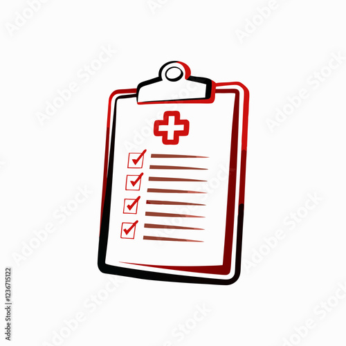 Medical clipboard with checklist and plus symbol in red and black. Healthcare documentation tool. Concept of medical records, patient care, healthcare administration.