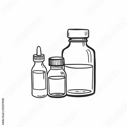 Black and white line icon of medical vials and glass bottles with caps, isolated on white. Concepts: medication storage, pharmaceutical packaging, vaccine container, healthcare tools, sterile liquid 