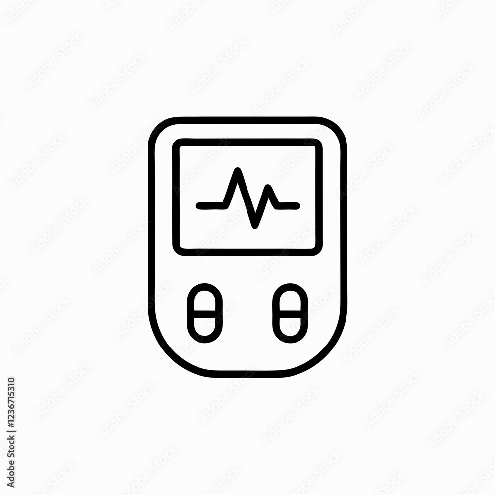 Handheld medical monitoring device displaying heart rate waveform. Clean line drawing of portable health tech. Concept of medical technology, health monitoring, cardiology. Handheld medical monitoring device displaying heart rate waveform. Clean line drawing of portable health tech. Concept of medical technology, health monitoring, cardiology.