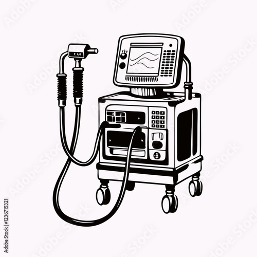 Detailed black and white illustration of hospital ventilator with hoses and control panel on wheels. Concepts: respiratory care, ICU equipment, mechanical ventilation, life support, medical machinery.