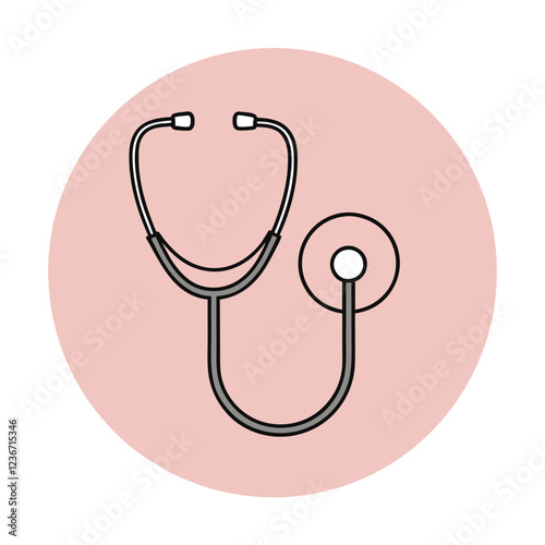 Stethoscope icon on pink circular background. Medical instrument depicted in minimalist style. Concept of healthcare, medical practice, doctor consultation.