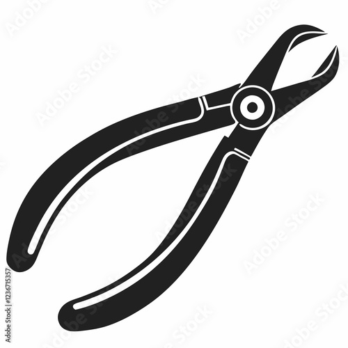 Detailed vector illustration of surgical forceps with curved tips, shown in black on white. Concepts: surgical tool, operation instrument, precision device, medical clamp.