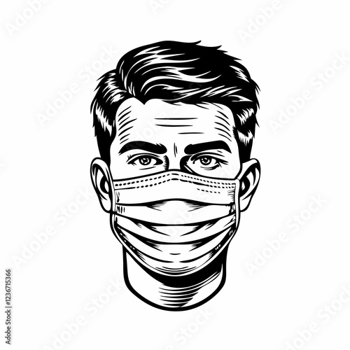 Man wearing surgical mask gazing directly at camera with serious expression. Asian individual in professional medical setting. Concept of healthcare, infection control, pandemic response.