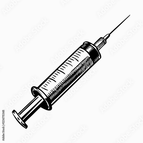 Detailed vintage-style syringe illustration in black and white. Medical equipment depicted in classic engraving technique. Concept of vaccination, medical procedures, healthcare education.
