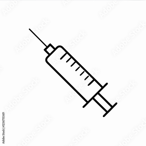 Minimalist syringe line drawing angled to right. Clean design showing essential components. Concept of medical procedures, vaccination services, healthcare equipment.