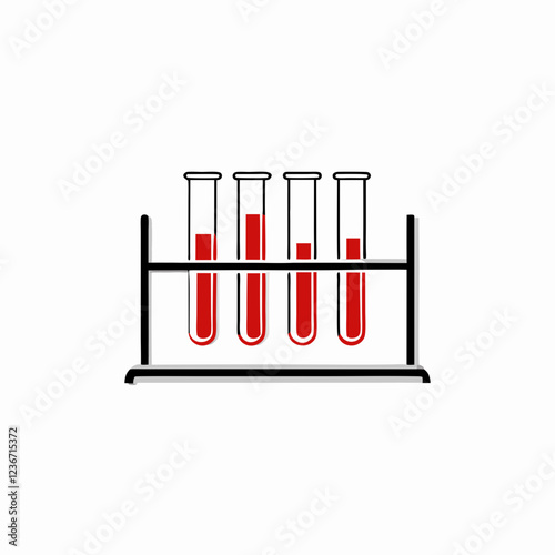 Four test tubes in rack containing red liquid at varying levels. Clean laboratory setup illustration. Concept of scientific research, medical testing, laboratory analysis.