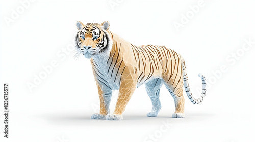 Low-poly tiger standing, white background, wildlife illustration, perfect for conservation campaigns photo