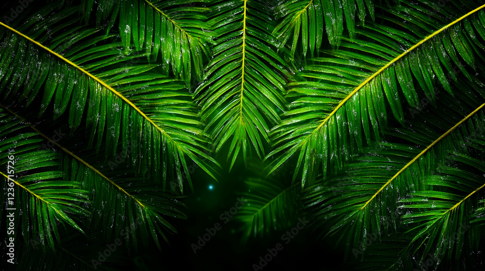 Fototapeta premium Lush green palm fronds, rain droplets, dark background, tropical nature