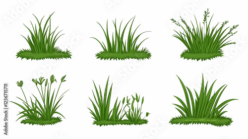 Lush green grass tufts, various types, isolated on white background; ideal for game design or illustration