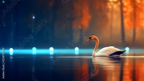 Fototapeta Naklejka Na Ścianę i Meble -  Majestic swan gliding on misty autumn lake, illuminated by ethereal lights; perfect for nature, serenity themes