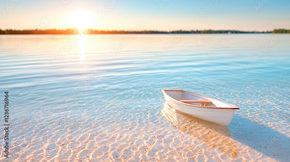 Naklejka premium Serene sunset lake with small boat, tranquil waters, peaceful background, ideal for travel brochures