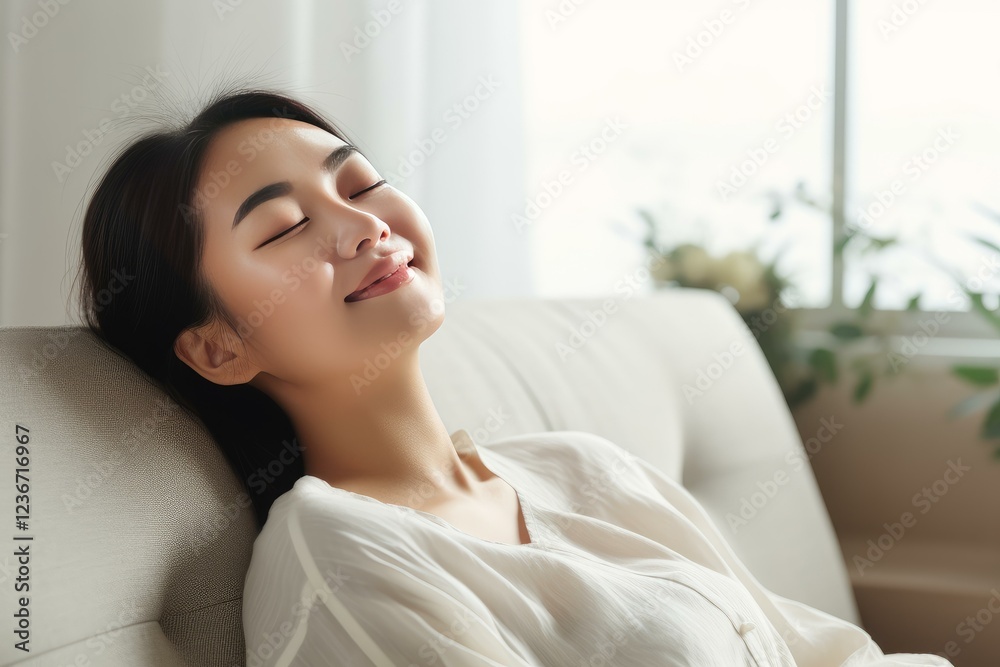 Young asian woman enjoying a peaceful moment of relaxation on her comfortable sofa at home Young asian woman enjoying a peaceful moment of relaxation on her comfortable sofa at home